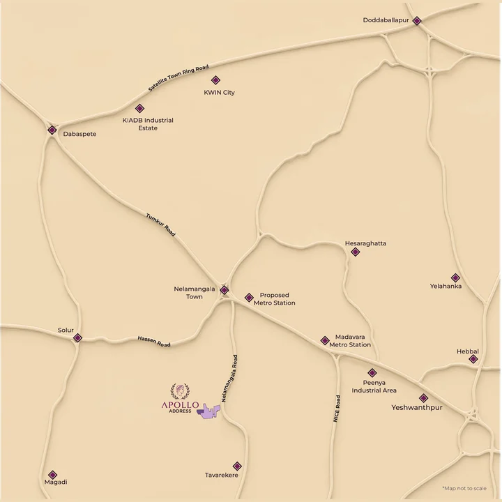 Address Maker Apollo location map showing Nelamangala Road, NH 48, Nelamangala Town and the metro stations Address Maker Apollo location map showing Nelamangala Road, NH 48, Nelamangala Town and the metro stations